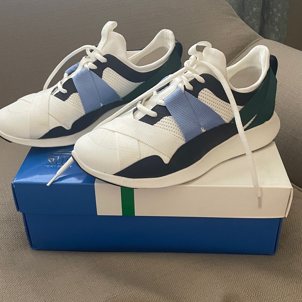 Tory Sport White Navy Light Blue Green Athletic Sneakers